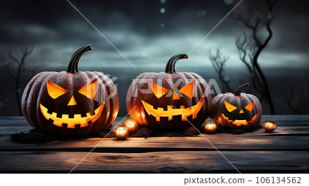 Haunted Harvest Trio Three Spooky Halloween Pumpkins with Evil Faces on Wooden Bench, Table, and Misty Gray Coastal Night Background - Perfect for Product Placement. created with Generative AI 106134562