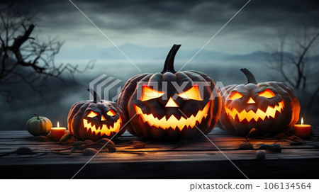 Haunted Harvest Trio Three Spooky Halloween Pumpkins with Evil Faces on Wooden Bench, Table, and Misty Gray Coastal Night Background - Perfect for Product Placement. created with Generative AI 106134564