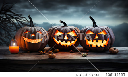 Haunted Harvest Trio Three Spooky Halloween Pumpkins with Evil Faces on Wooden Bench, Table, and Misty Gray Coastal Night Background - Perfect for Product Placement. created with Generative AI 106134565