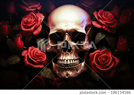 Eternal Contrast Skull and Roses in Captivating Digital Art Display. created with Generative AI 106134566