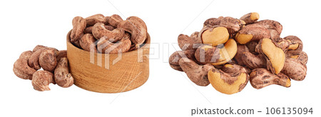 cashew nuts heap with shell in wooden bowl isolated on white background cashew nuts heap with shell in wooden bowl isolated on white background 106135094