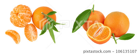 Tangerine or clementine with green leaf isolated on white background with full depth of field. Top view. Flat lay Tangerine or clementine with green leaf isolated on white background with full depth of field. Top view. Flat lay 106135107