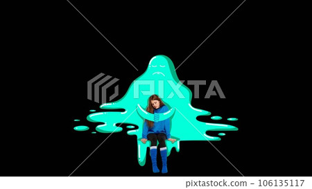 Sad, unhappy teen girl sitting in depression around inner fears and social pressure. Contemporary art collage. 106135117