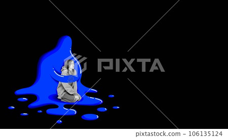 Social pressure and rules. Young girl sitting in sadness and depression. Manipulation. Contemporary art collage. 106135124
