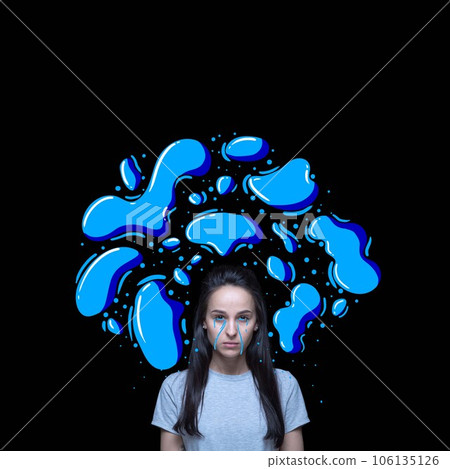 Young girl crying, suffering from depression, sadness loneliness. Broken heart. Contemporary art collage. 106135126
