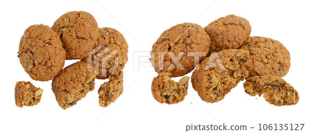 oatmeal cookies with flax, pumpkin and sunflower seeds isolated on white background with full depth of field. Top view. Flat lay 106135127