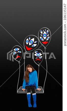 Teen girl sitting in sadness. feeling depressed, lonely and fearful. Inner boundaries. Contemporary art collage. Teen girl sitting in sadness. feeling depressed, lonely and fearful. Inner boundaries. Contemporary art collage. 106135147