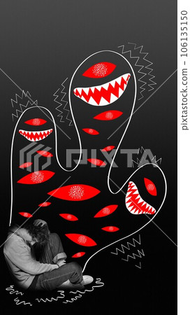 Young man suffering from mental breakdown, sadness, depression and fears. Contemporary art collage. Young man suffering from mental breakdown, sadness, depression and fears. Contemporary art collage. 106135150