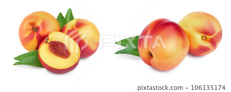 Nectarine fruit and half with leaf isolated on white background cutout 106135174