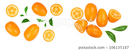 Cumquat or kumquat with half isolated on white background. Top view. Flat lay 106135187