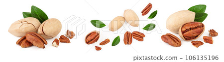 pecan nut decorated with green leaves isolated on white background. Top view. Flat lay 106135196