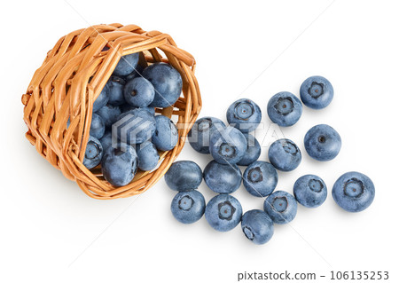 blueberry in wicker basket isolated on white background. Top view. Flat lay. 106135253