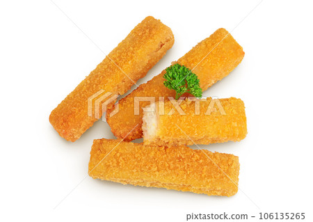 Fish finger or stick with parsley isolated on white background. Top view. Flat lay. Fish finger or stick with parsley isolated on white background. Top view. Flat lay. 106135265