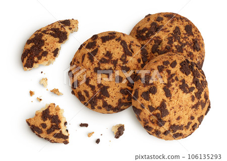 oatmeal chocolate chip cookie isolated on white background. Top view. Flat lay oatmeal chocolate chip cookie isolated on white background. Top view. Flat lay 106135293