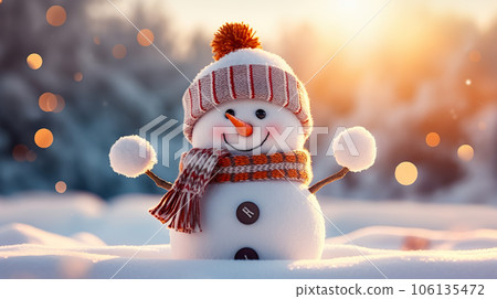 Winter Delights Holiday Christmas Background Banner - Closeup of Cute Funny Laughing Snowman with Wool Hat and Scarf, on Snowy Snowscape with Bokeh Lights, Illuminated by the Sun. created with Winter Delights Holiday Christmas Background Banner - Closeup of Cute Funny Laughing Snowman with Wool Hat and Scarf, on Snowy Snowscape with Bokeh Lights, Illuminated by the Sun. created with 106135472