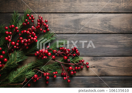 Warm Wishes Merry Christmas Text with Christmas Evergreen Branches and Berries in Corner Over Rustic Wooden Background. created with Generative AI 106135610