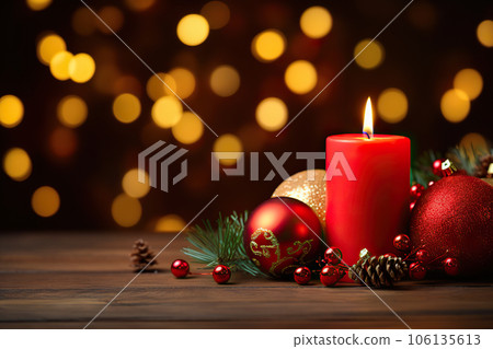 Festive Splendor Christmas Decoration - Red Christmas Balls, Red Candles, Pine Cones on Golden Bokeh Background. created with Generative AI 106135613