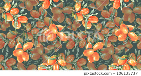 Watercolor sea buck thorn.Seamless pattern watercolor paper, textile, fabric, wrapper, wallpaper. Hand drawn on green background 106135737