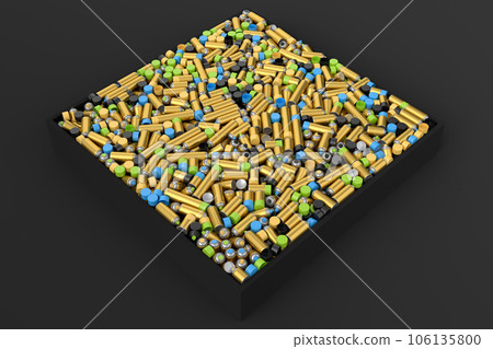 Pile of spray paint cans on black background. Spray bottle and dispenser 106135800