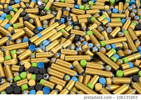 Pile of spray paint cans on yellow background. Spray bottle and dispenser 106135803