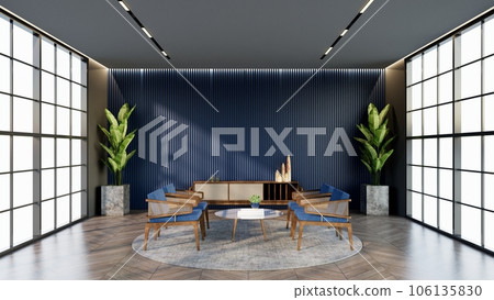 - Ocean Blue color hotel lounge with windows and chairs matching the color for waiting room, 3D render. - Ocean Blue color hotel lounge with windows and chairs matching the color for waiting room, 3D render. 106135830