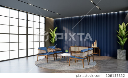 - Ocean Blue color hotel lounge with windows and chairs matching the color for waiting room, 3D render. 106135832