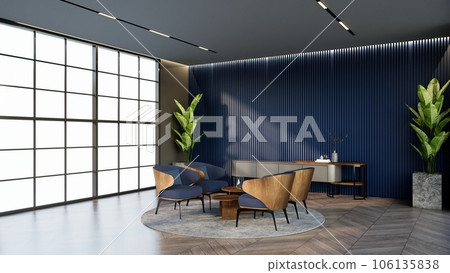 - Ocean Blue color hotel lounge with windows and chairs matching the color for waiting room, 3D render. 106135838