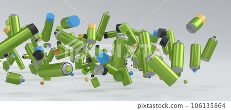Lots of flying spray paint cans on white background. Spray bottle and dispenser 106135864