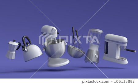Espresso coffee machine, hand mixer, kettle and toaster on violet background. Espresso coffee machine, hand mixer, kettle and toaster on violet background. 106135892