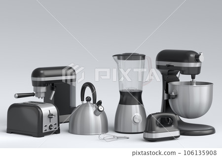 Electric kitchen appliances and utensils for making breakfast on white 106135908