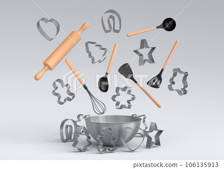 Metal bowl with bowl and cookie cutters on white background 106135913