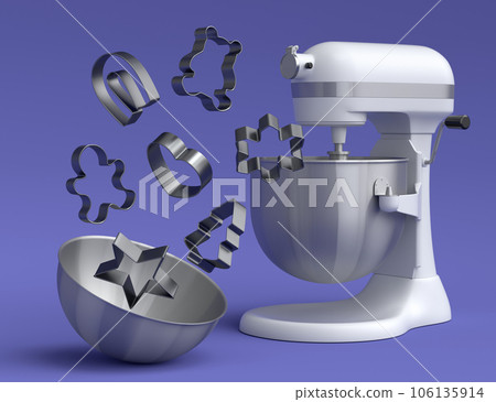 Mixer and bowl with kitchen utensil for preparation of dough on violet Mixer and bowl with kitchen utensil for preparation of dough on violet 106135914