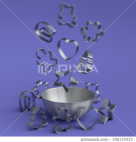 Metal bowl with bowl and cookie cutters on violet background. 106135915