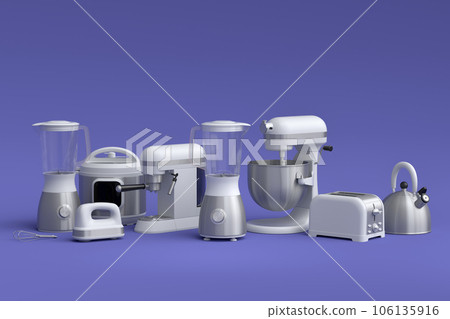 Kitchen appliances and utensils for making breakfast on violet background Kitchen appliances and utensils for making breakfast on violet background 106135916