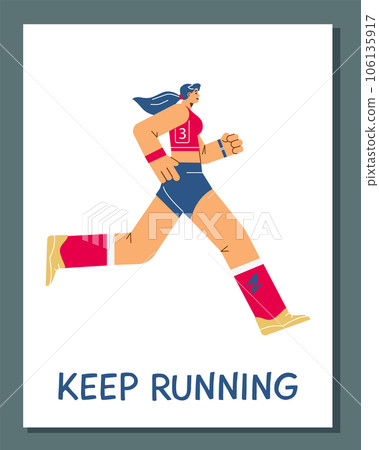Female marathon runner, woman in sportswear jogging, marathon race vector sport poster, cartoon athlete number 3 Female marathon runner, woman in sportswear jogging, marathon race vector sport poster, cartoon athlete number 3 106135917