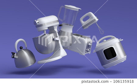 Kitchen appliances and utensils for making breakfast on violet background 106135918