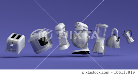 Kitchen appliances and utensils for making breakfast on violet background 106135919