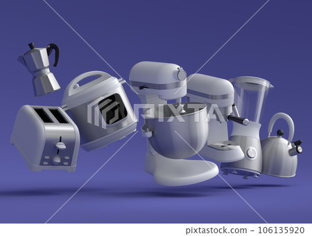 Kitchen appliances and utensils for making breakfast on violet background 106135920