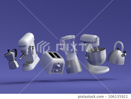 Kitchen appliances and utensils for making breakfast on violet background 106135921