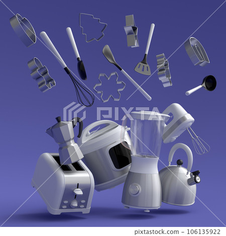 Espresso coffee machine, hand mixer, kettle and toaster on violet background. 106135922