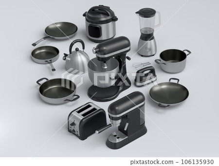 Kitchen appliances and utensils for making breakfast on white background Kitchen appliances and utensils for making breakfast on white background 106135930