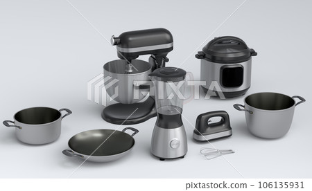 Kitchen appliances and utensils for making breakfast on white background Kitchen appliances and utensils for making breakfast on white background 106135931