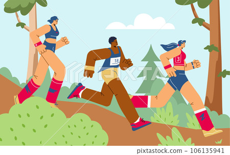 Group of women running marathon through park or forest, cartoon flat vector illustration. 106135941