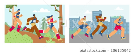 Marathon runners on cityscape and on off road in forest vector illustrations set, sport and fitness cartoon characters 106135942