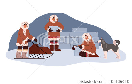 North people in traditional Eskimos clothing, ice, build igloo, Husky dog, sleigh with sled cartoon vector illustration North people in traditional Eskimos clothing, ice, build igloo, Husky dog, sleigh with sled cartoon vector illustration 106136018
