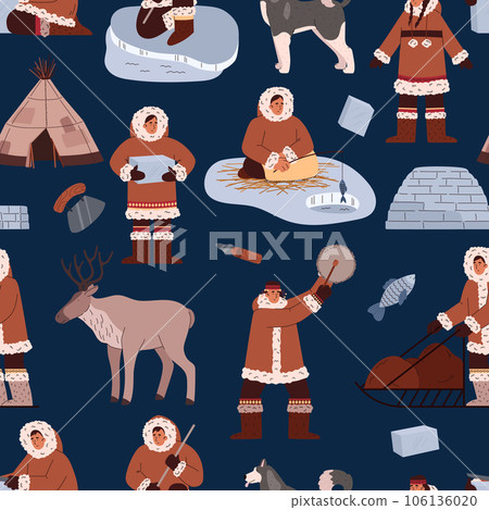 Seamless pattern with culture traditions at north pole, cartoon vector North Eskimos people, igloo, reindeer, fishing 106136020