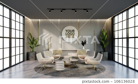-white and gold color hotel lounge with windows and chairs matching the color for waiting room, 3D render. 106136028