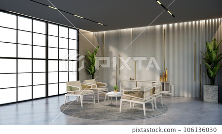 -white and gold color hotel lounge with windows and chairs matching the color for waiting room, 3D render. 106136030