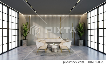 -white and gold color hotel lounge with windows and chairs matching the color for waiting room, 3D render. 106136034