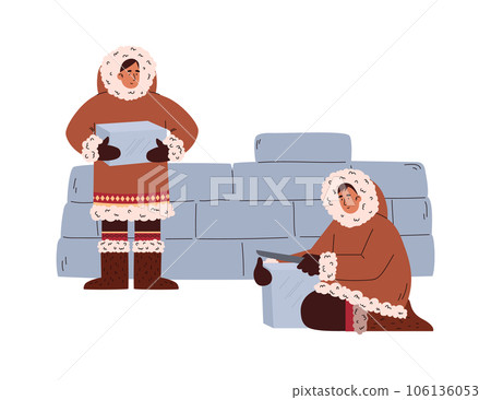 Eskimos building igloo ice dwelling, cartoon flat vector illustration isolated. 106136053